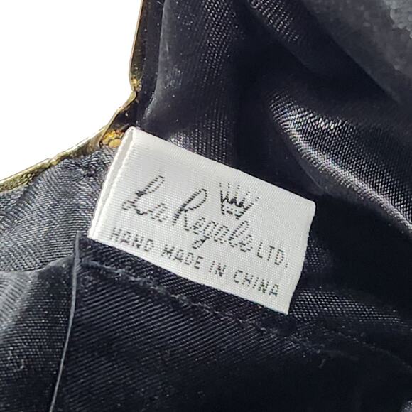 VTG BLACK HAND BEADED EVENING PURSE BAD CLUTCH CLAM SHELL DATE WEDDING PROM GOLD - Picture 4 of 13